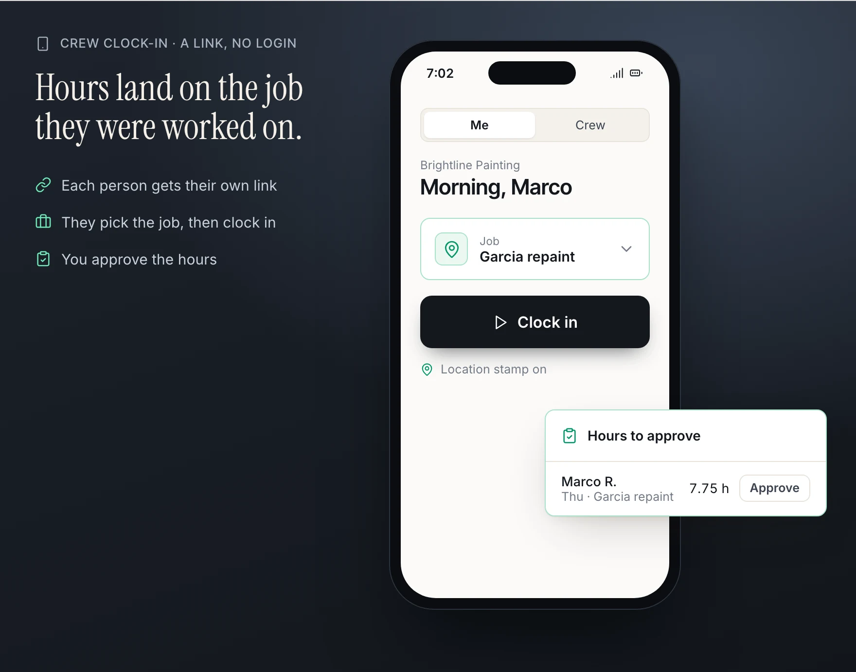 A phone screen clocking a painter in to a job